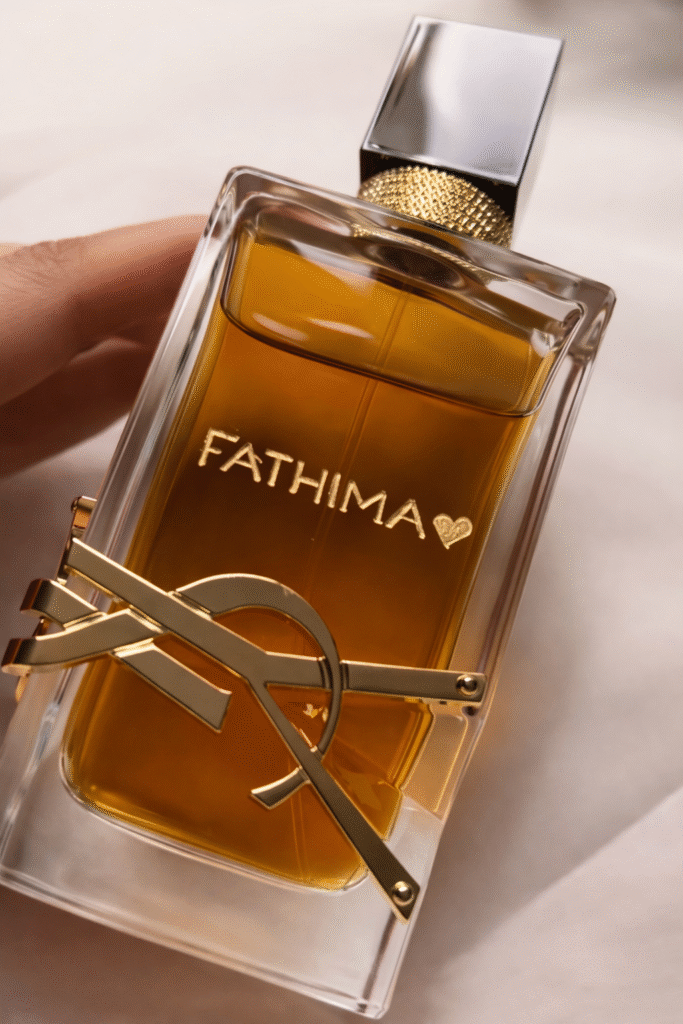 Luxury engraved perfume bottle with name Fathima in gold lettering in Qatar